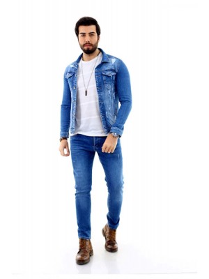 Erkek Mavi Yırtıklı Denim Jeans Kot Ceket + Koyu Mavi Slim Likralı Tırnaklı Denim Jean Pantolon