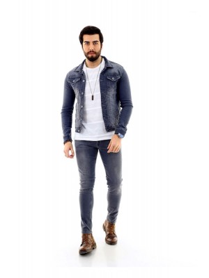 Erkek Gri Likralı Denim Jeans Kot Ceket + Açık Gri Slim Likralı Denim Jean Kot Pantolon